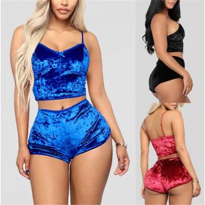 2 Pieces Pyjamas Women Solid Soft Sexy Nightwear Suit Velvet Lingerie Set Pleated Sleepwear Sets Strap Women Top Loose Shorts