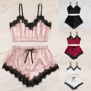 2021 Lace Trim Satin Cami Top Sexy Lingerie Pyjamas Set Women Sleeveless Strap Pajama Sets Summer Women Sleepwear Set 40