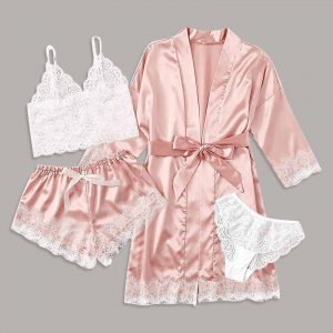 4pcs Fashion Women Sexy Garter Lingerie Set Robes Lace Bodysuit Deep-v Neck Hollow Out Underwear Sleepwear Pajamas