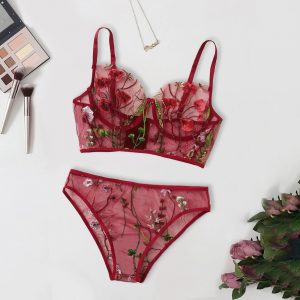 Bra New Sexy Fashion G-String Thong Sleepwear Underwear Lingerie Flower Lace 3pcs Set Women Transparent Bra Set underwear