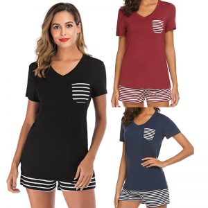 Casual Women Night Pajamas 2 Pieces Set T-shirt Top with Striped Pockets Striped Shorts Summer Pajama Sleepwear Home Clothings