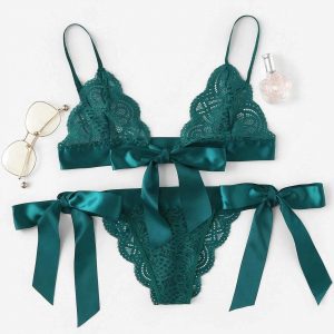 Flower Lace Lingerie Set Women Sexy Nightwear Ribbon Bowknot Perspective Bra Thongs Sets Exotic Underwear Bielizna Erotyczna