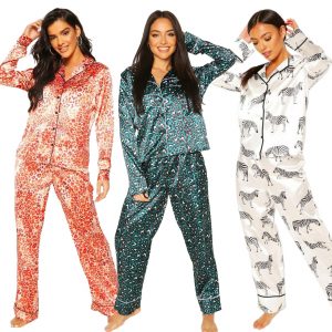 Leopard Printed Two Pieces Pajama Sets Long Sleeve Sleepwear Women Lounge Wear Turn Down Collar Shirt And Long Pants Night Wear