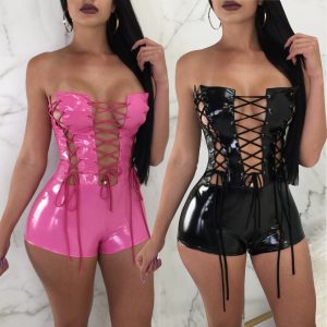 Oluolin Black Sexy PU Leather Bodysuit Off Shoulder Hollow Out Jumpsuit Sleeveless Bandage Bodysuit Streetwear Valentine's Day
