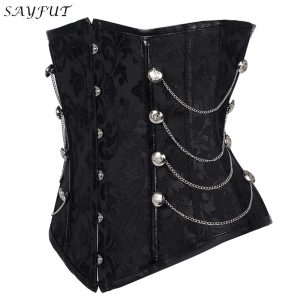 SAYFUT Underbust Steampunk Corset Waist Control Gothic Corsets Cincher Bustiers with Chains Embroidery Short Waist Trainer
