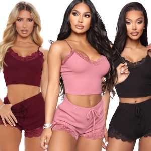 Sexy Lace Short Two Pieces Pajamas Sets Women Sleeveles Crop Top and Shorts Sleepwear Lounge Wear Summer Clothings Lingerie Set