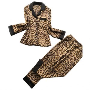 Sexy Leopard Sleepwear pyjamas women Satin Long Sleeve Pants Lingerie Nightwear Underwear Set pijamas women damska
