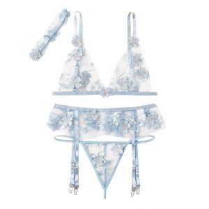 Sexy Lingerie Women Solid Lace Blue Sexy Flower Embroidered Garter Lingerie Underwear Pajamas Nightwear Bra & Brief Sets