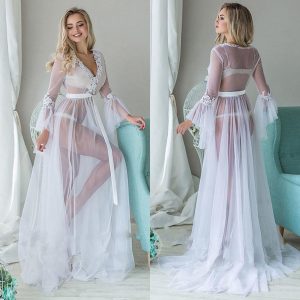 Sexy Sleepwear for Women Nightgowns Ultra Thin Lace Mesh Ladies Nightwear Long-sleeved Nightdress Smock Pyjama sexy Femme#W