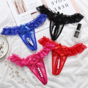 Sexy Women Underwear Panties Female Massage Pearl Lingerie G-stings Hollow Thong Young Girls Hot Embroidery Lace T-back Panties