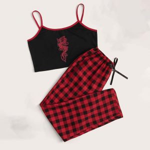 Summer Pajama Sets Dragon Plaid Print Sleepwear Suit Women Vest Short Pant Lingerie Temptation Babydoll Underwear Nightdress