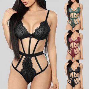 Women Floral Lace Sheer Mesh Garter Lingerie Set V-Neck Bra With Thong Women Sexy Bodysuit Lingerie Underwear Erotic Costume