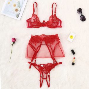 Women Sleepwear Sexy Exquisite Lace Lingerie Bra Garter Briefs Set Babydoll Cut-Out Sleepwear Pyjamas Set Short Sleepwears 716