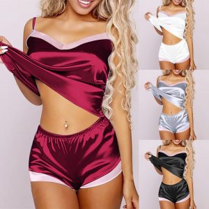 Women's Pajamas Set Home Suit Top And Shorts Sexy V-neck Sleeveless Satin Lace Sleepwear Pijama Home Clothes For Women 2021
