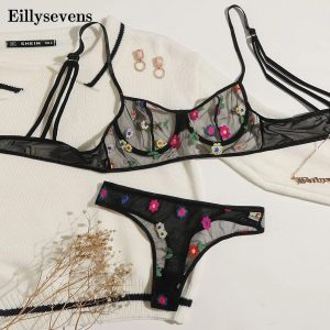 Women's Thong Sexy Underwear Set Black Bra Women Lingerie Set Lace Embroidery Push up Bra And Panties Sets Deep V Gather