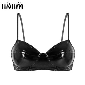 Womens Ladies Lingerie Exotic Bras Fashion Wetlook Faux Leather Wire-free No Pad Bra Top for Pole Dance Latex Sexy Clubwear